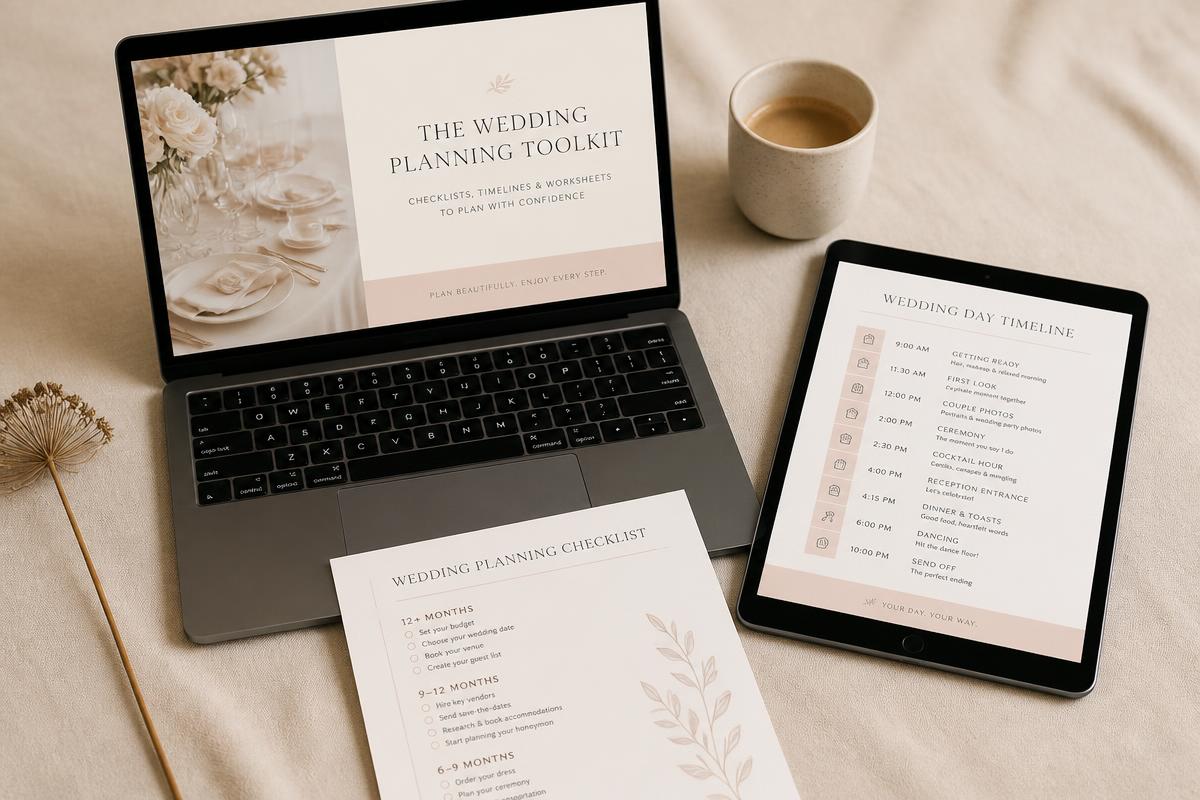 Verloofd Digitale Toolkit getoond op laptop en tablet met trouwplanners, checklists en bloemen