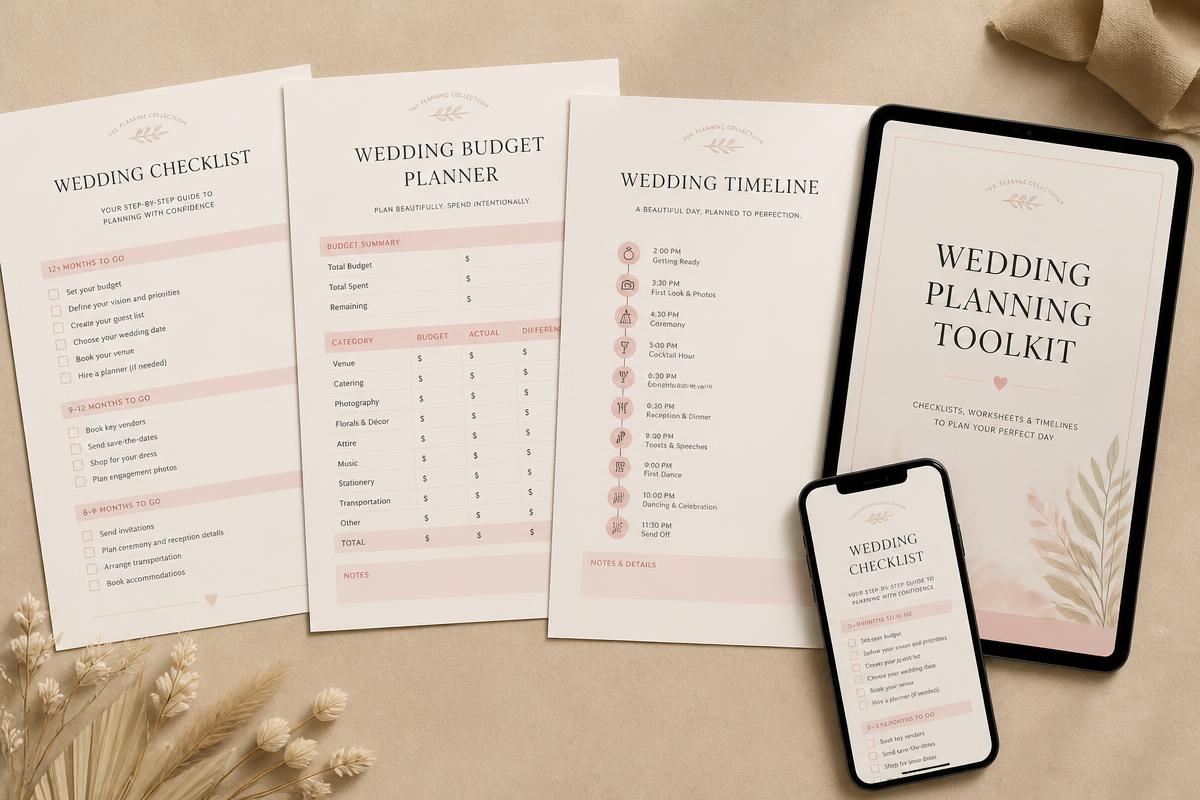 Mockup van de Verloofd toolkit: checklist, budgetplanner en timeline als PDF op papier en telefoon